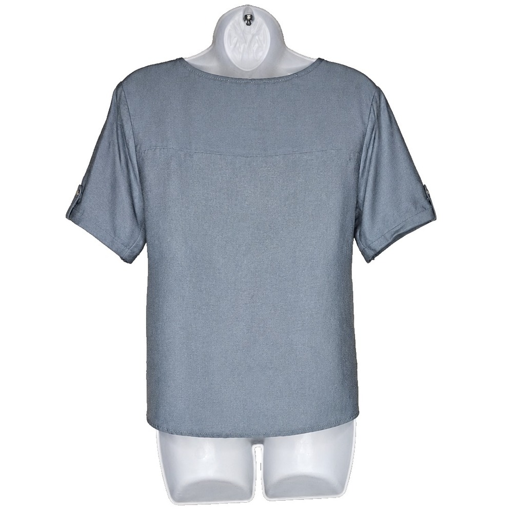 Women Size 3 Gray Popover Blouse Button Tab Sleeve Coastal Casual Minimalist